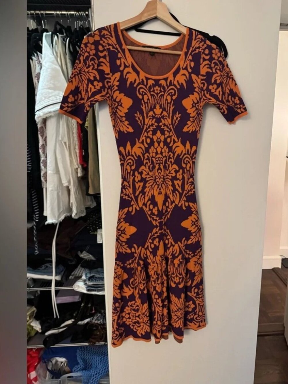 Purple Orange Baroque Damask Knit Fit Flare Midi Dress Size S